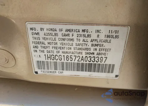 2002 Honda Accord 3.0 Ex z USA, uszkodzony, nr VIN 1HGCG16572A033397